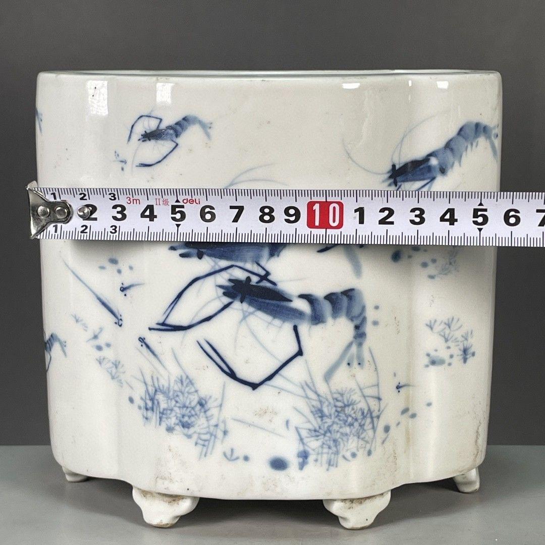 青花蝦趣花口筆筒 水盂 古文房具 書道具 文房具 現代工芸品 美術品