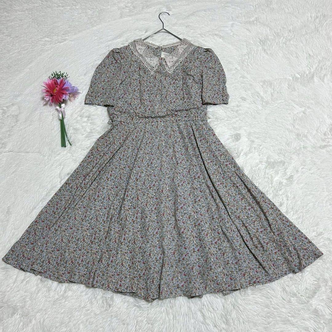 花柄 シフォンワンピース 襟切り替え 花レース バックボタン フレア レトロ古着