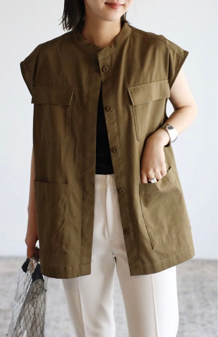 新品】ボンジュールサガン ミリタリーベスト ベスト 羽織り カーキ 春