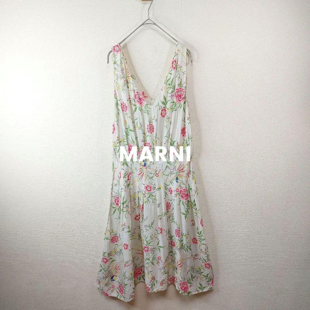 MARNI ベージュ ノースリーブワンピース 人気】マルニ ノースリーブワンピース ボタニカル ベージュ 花柄