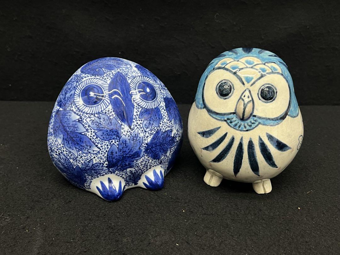 【フクロウ置物2体】梟 ふくろう 置物 お土産 レトロ 陶器