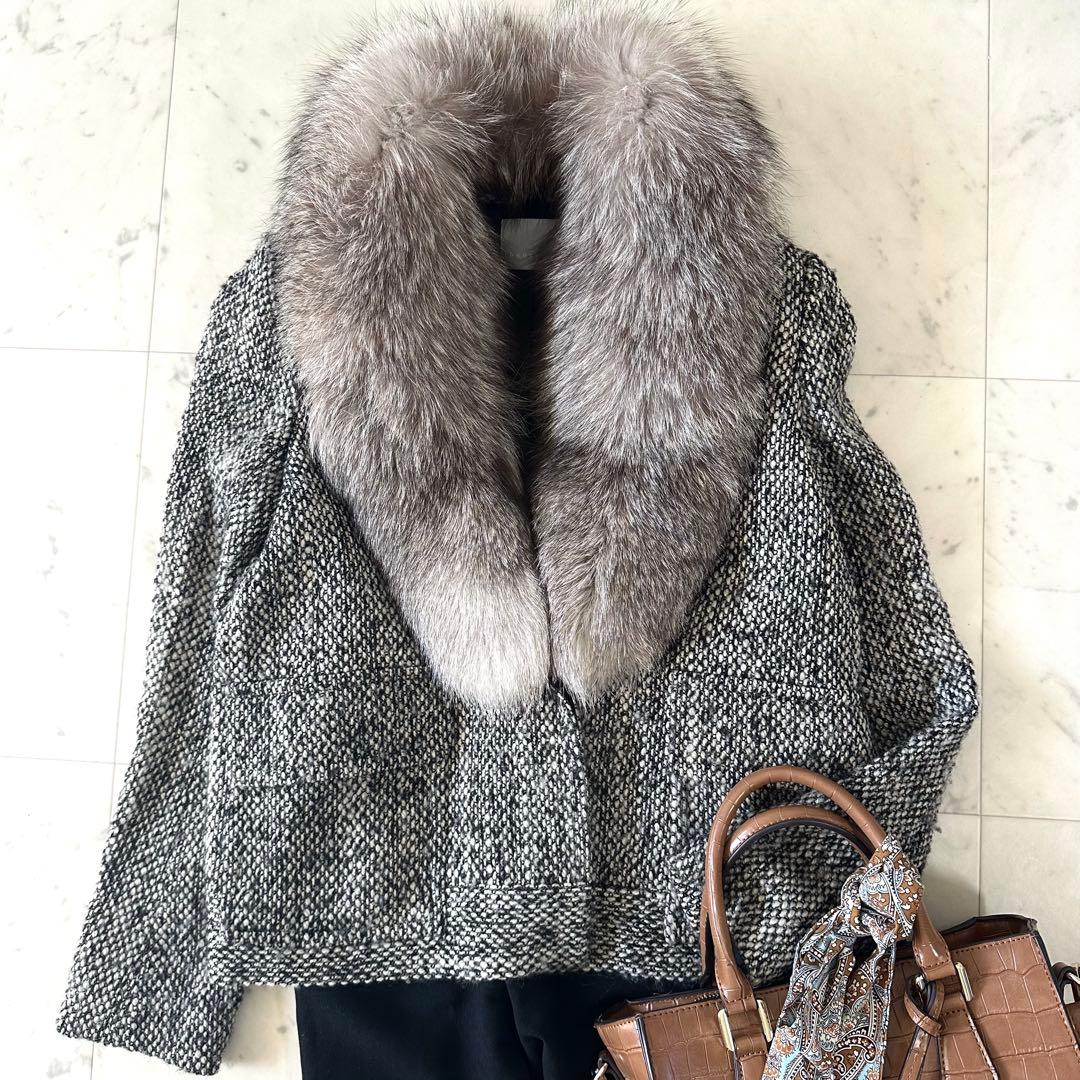 セオリーリュクス フォックスファー付き ツイードジャケット テーラードジャケットM Theory luxe