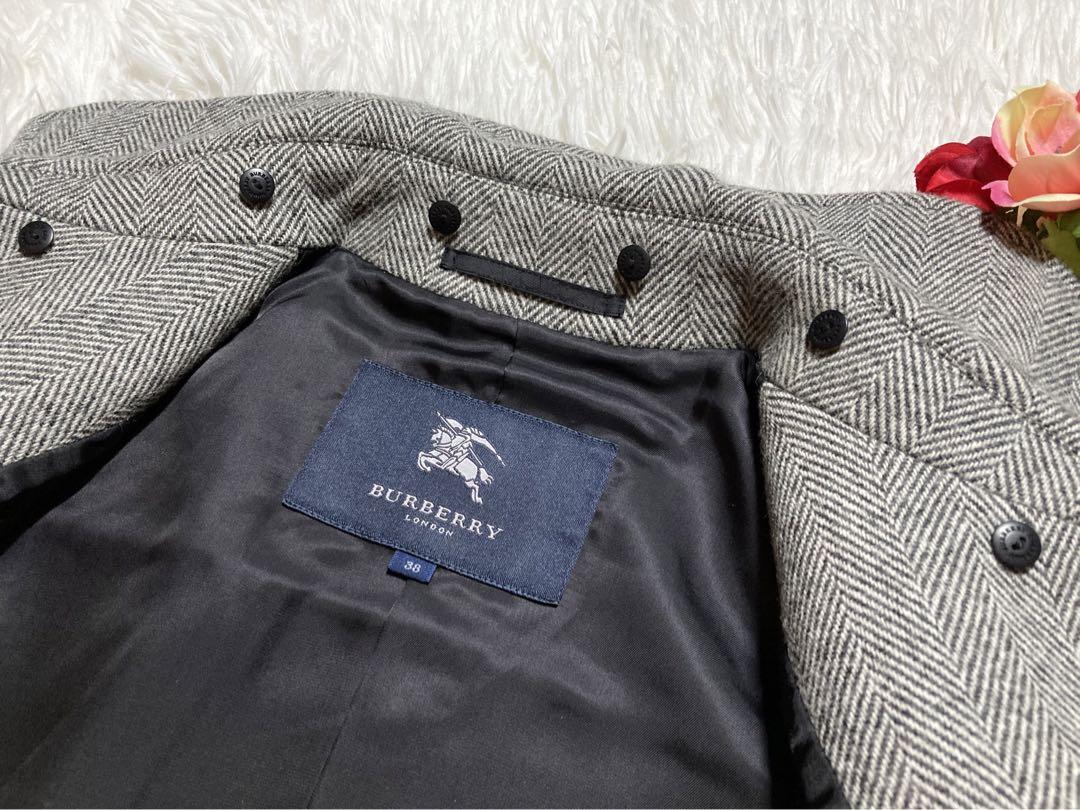 【訳あり】バーバリーロンドン ヘリンボーン柄のカシミヤ混ウールPコート グレーM
