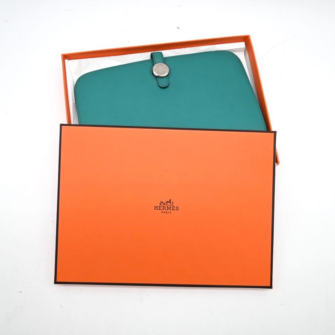 【ポーチ付】エルメス ドゴンGM ターコイズ グリーン ヴォースイフト 長財布