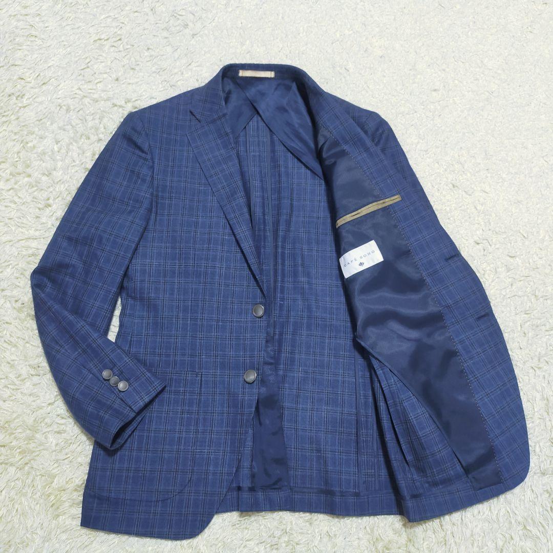 【極美品】CafeSOHO×カノニコ・ジャケット・絹麻・銀ボタン・紺青チェックM