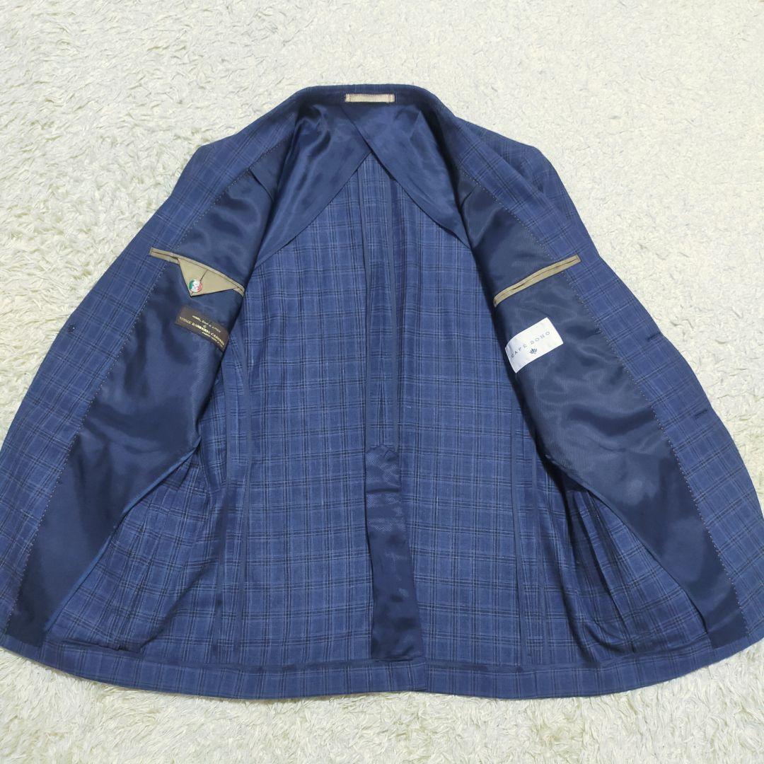 【極美品】CafeSOHO×カノニコ・ジャケット・絹麻・銀ボタン・紺青チェックM