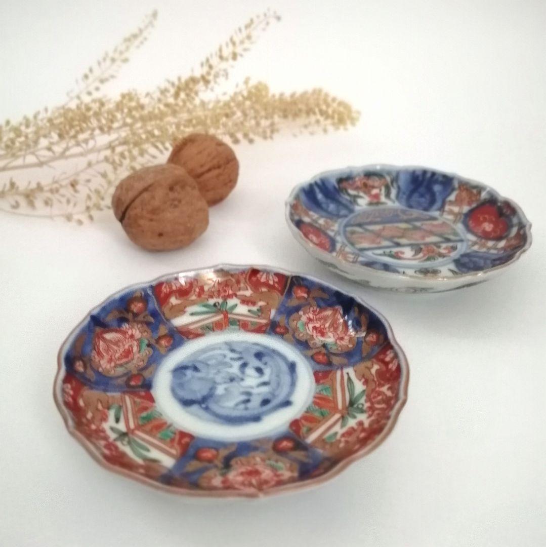 古伊万里　色絵金彩輪花縁小皿　手塩皿　豆皿　２客