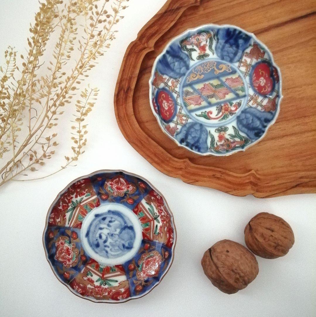 古伊万里　色絵金彩輪花縁小皿　手塩皿　豆皿　２客