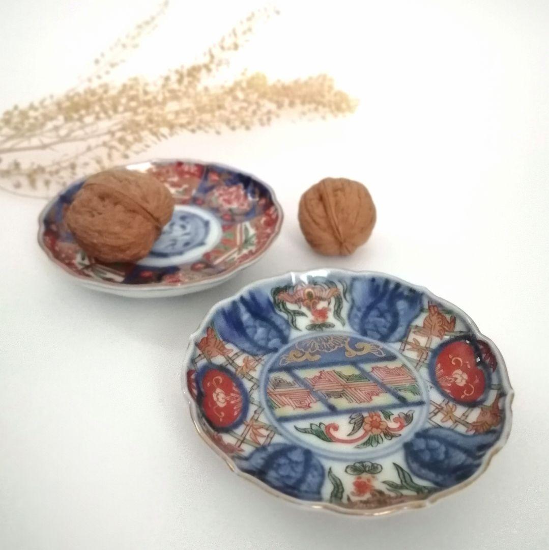 古伊万里　色絵金彩輪花縁小皿　手塩皿　豆皿　２客