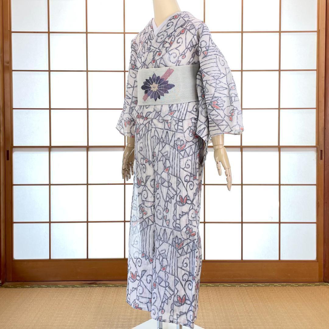 夏着物 麻ちぢみ モダン花唐草 オフホワイト ビンテージ 着物 A-1190 夏着物 単衣着物 麻ちぢみ モダン花唐草 オフホワイト