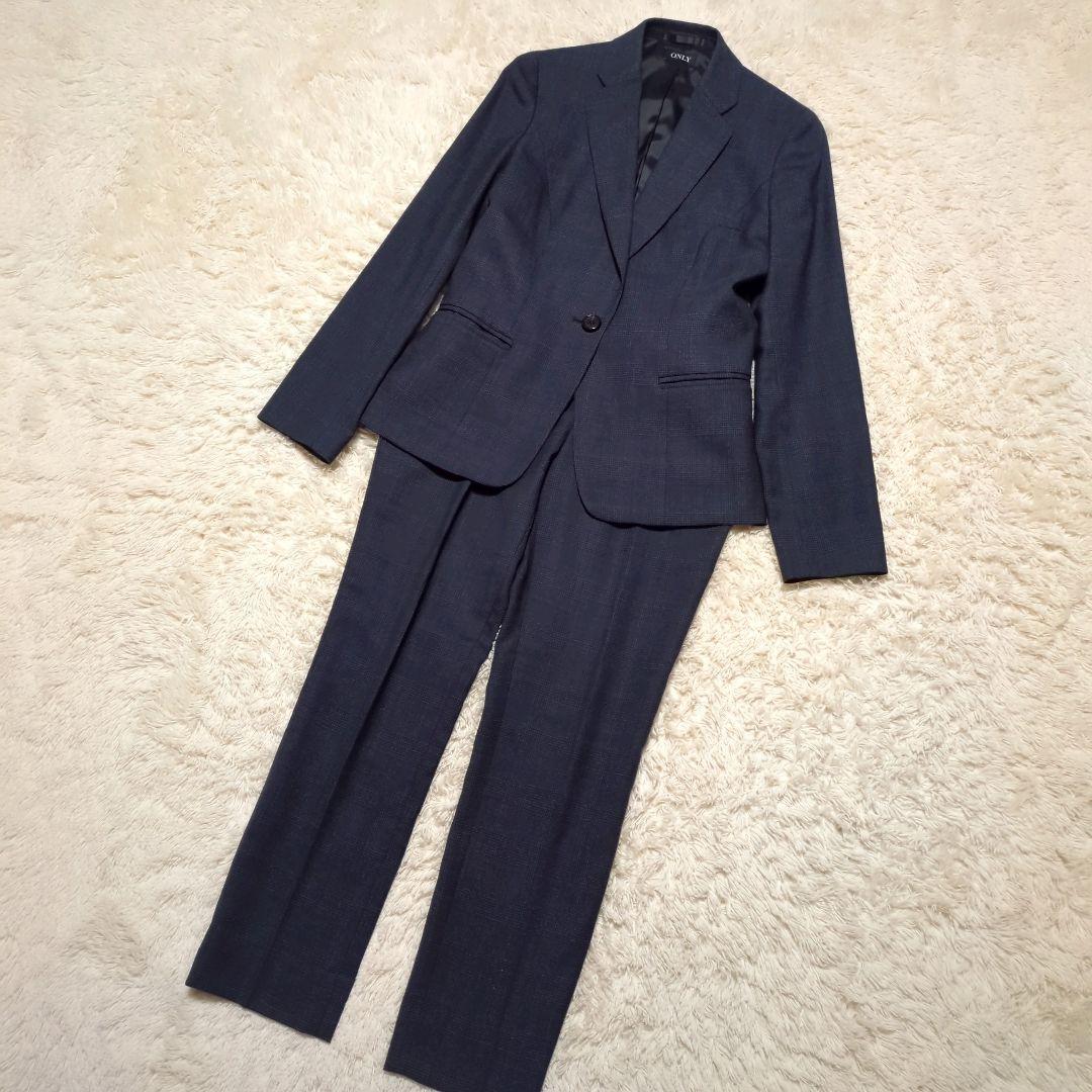 極美品！ONLY　パンツスーツセットアップ　11号　紺　チェック　美シルエット