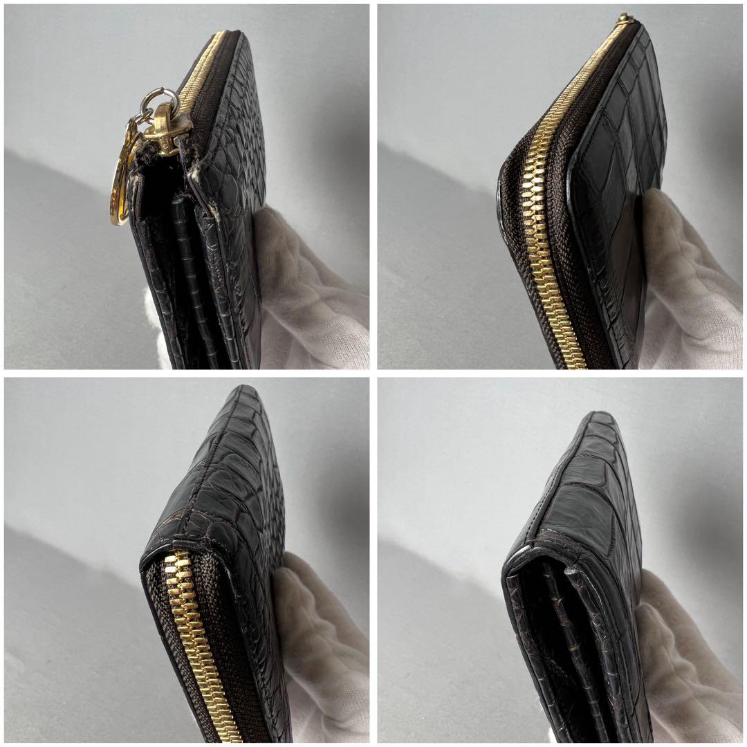 JRA認定品 J77.クロコダイル L字ファスナー 長財布 目地染め 紺