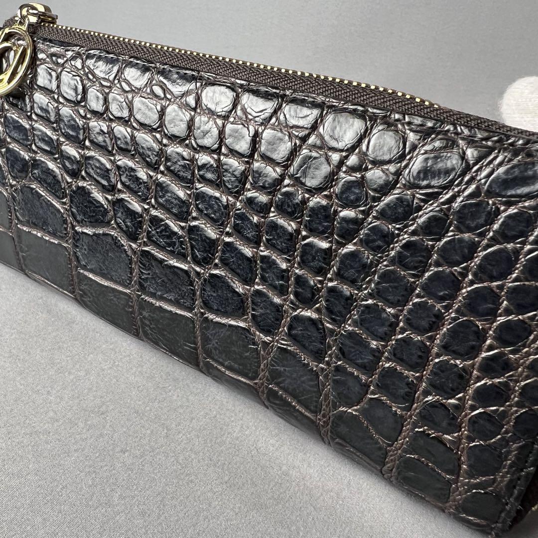 JRA認定品 J77.クロコダイル L字ファスナー 長財布 目地染め 紺