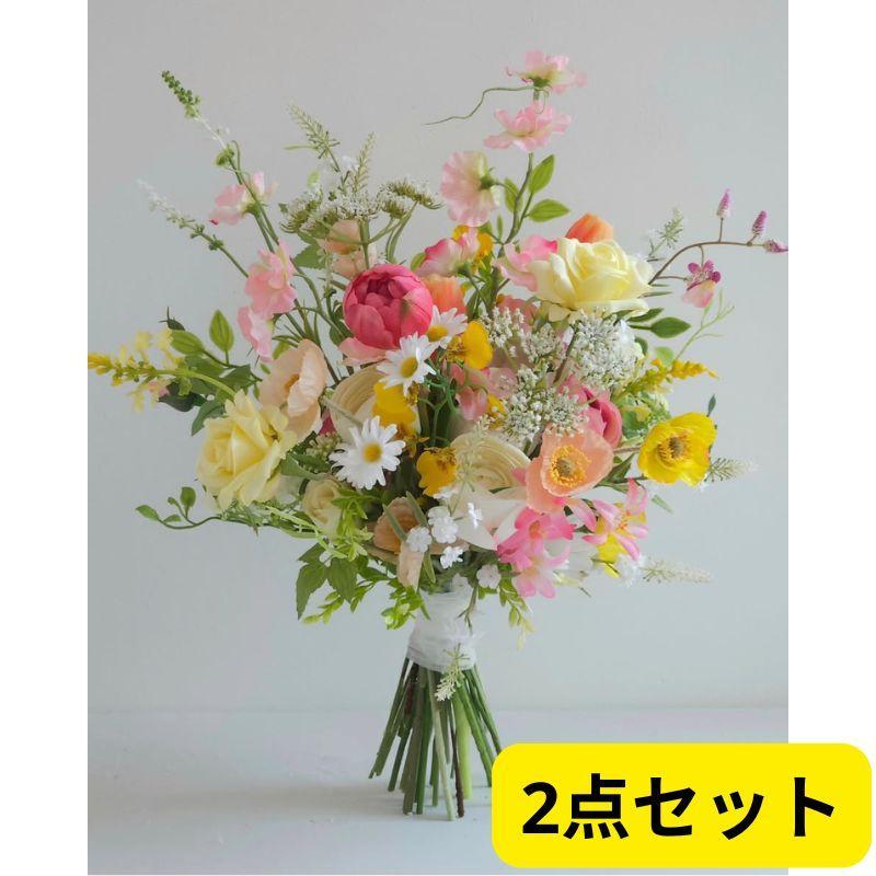 【2点セット】春色ブライダルブーケ＆ブートニア♪ナチュラル可愛いピーチカラー☆