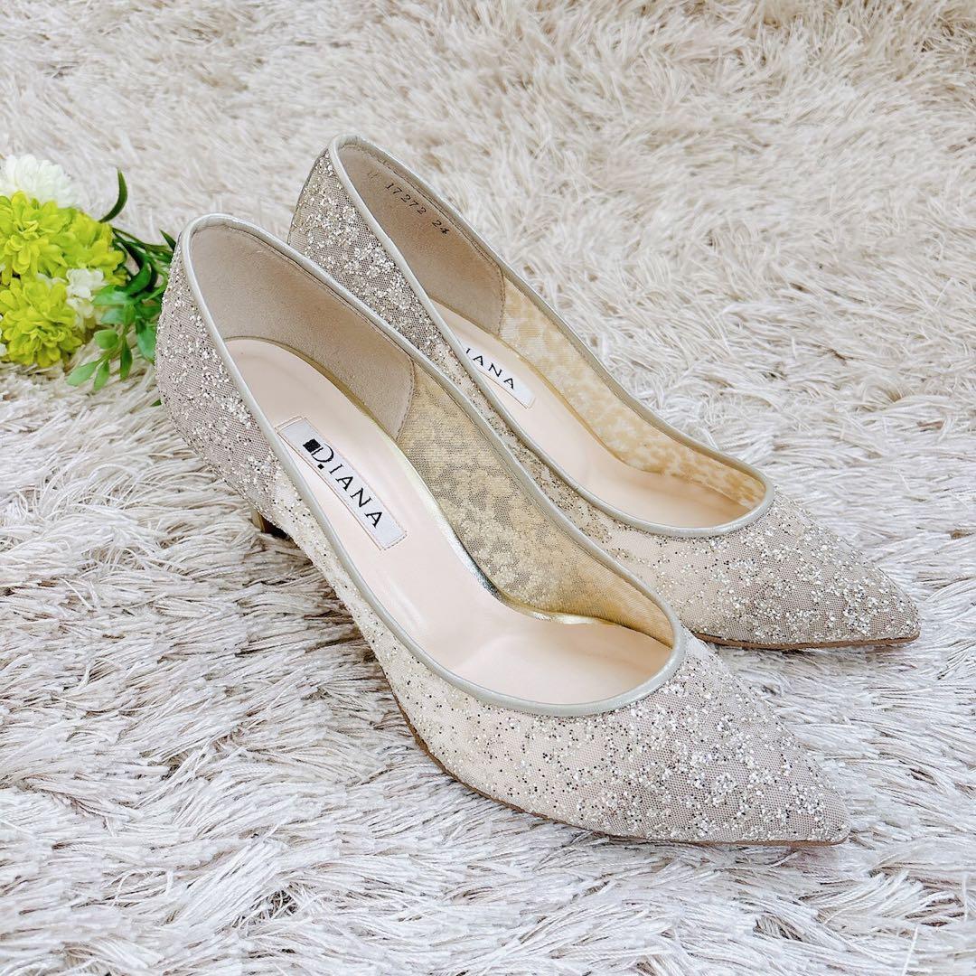 美品✨DIANA ダイアナ プラチナ グリッターチュールパンプス 結婚式 24㎝