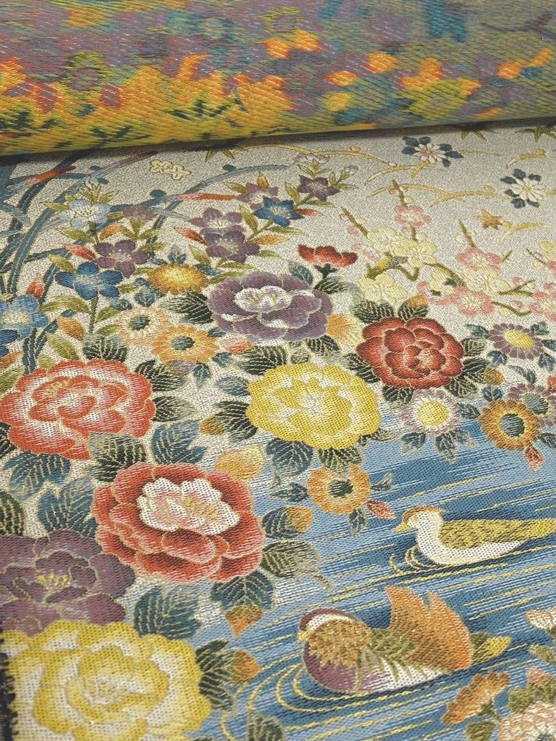 西陣織 細密織 全通 丸帯 反物 未仕立て品 華紋 宝相華紋 鳥 花 金糸 正絹