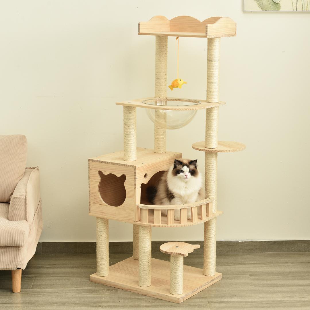 キャットタワー 木製 据え置き 宇宙船付き 猫タワー 展望台