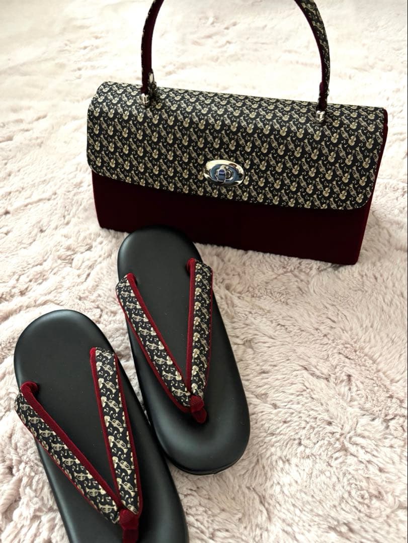 草履バッグセット 楽器と音符柄 ビロード Mサイズ