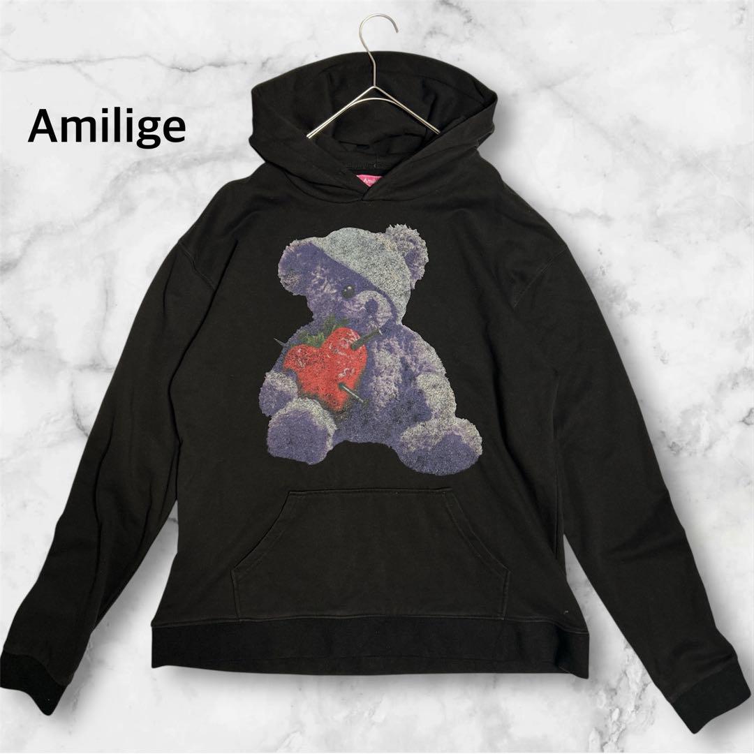Amilige くまのパーカー Amilige パーカー CROSS BEARプリントパーカー レディース