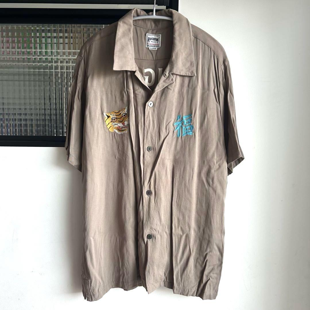 HOUSTON　スーベニアシャツ　ベトナムスカシャツ　刺繍　半袖　XL ベージュ