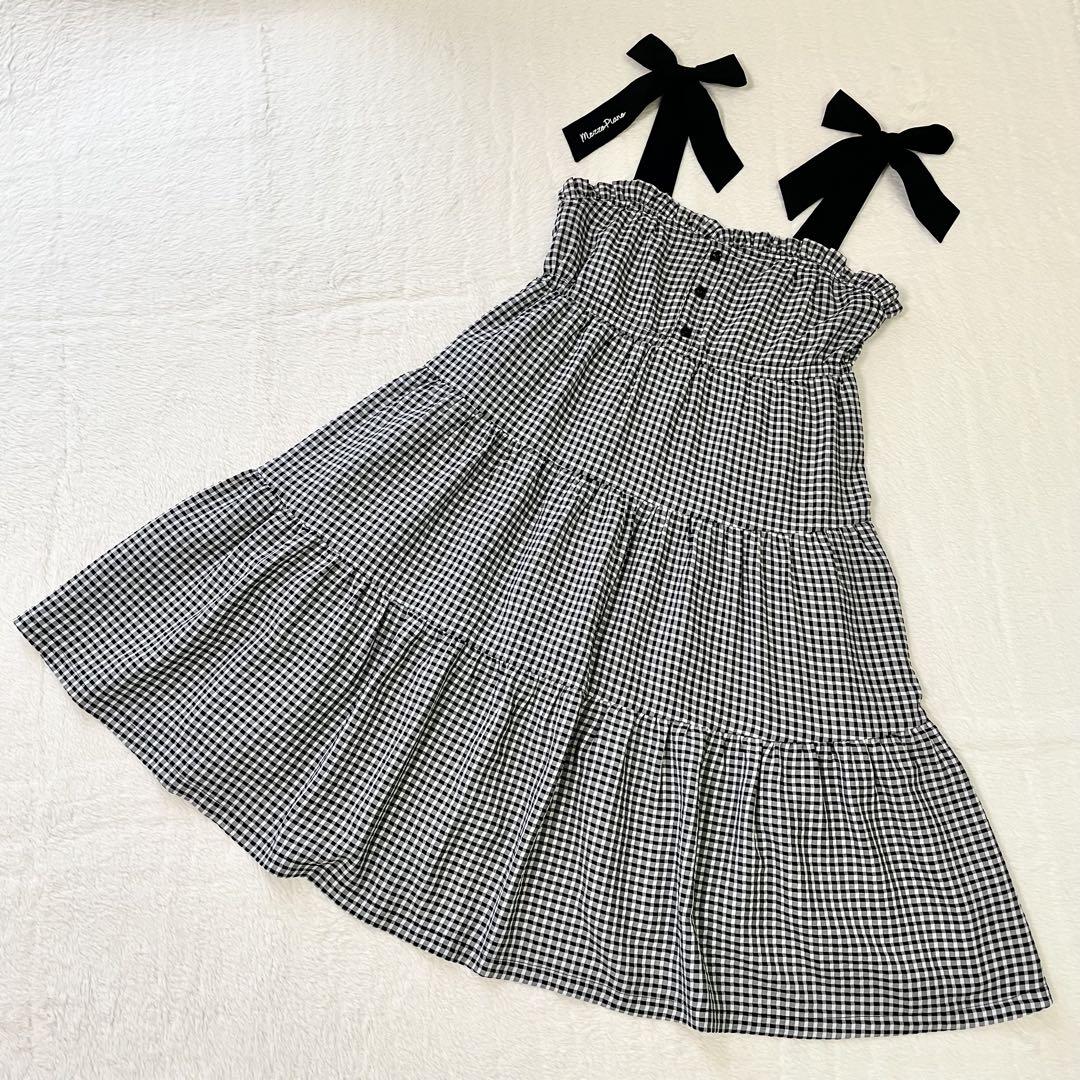 美品《メゾピアノ》チェック キャミワンピース M（150㎝）肩リボン