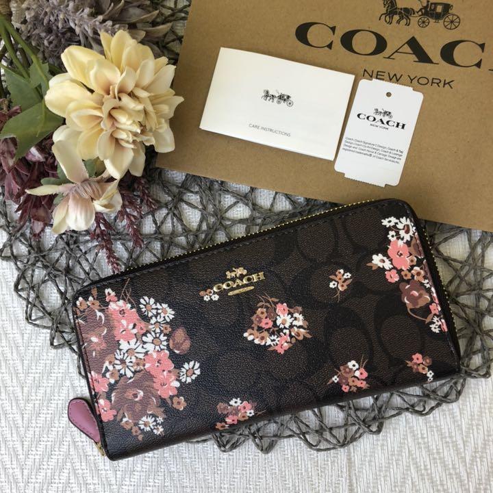 配送員設置 コーチ 長財布 ブラウン シグネチャー 花柄 - 女性用財布