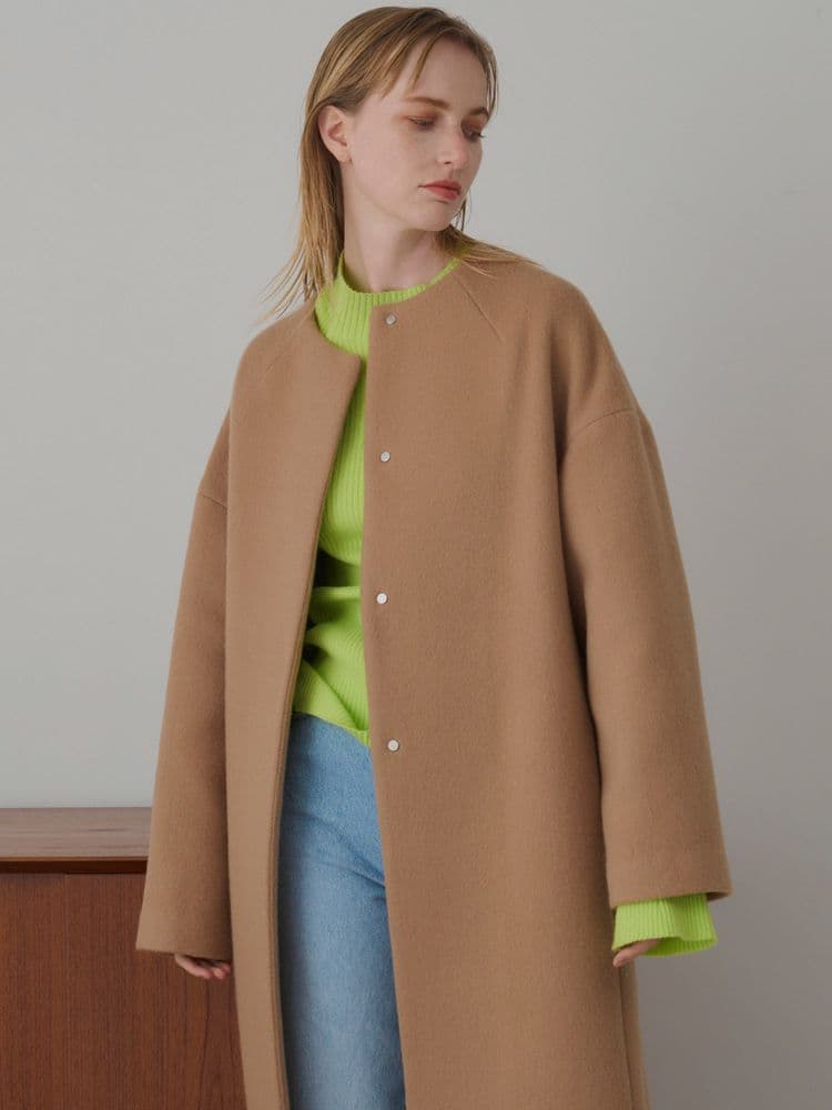 美品】エレンディーク ノーカラーロングコート キャメル ベージュ