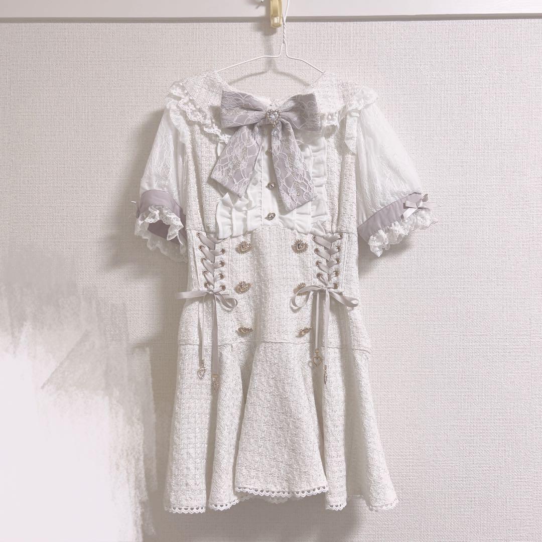 LIZLISA メッセージリボンツイードセットアップ ホワイト 半袖