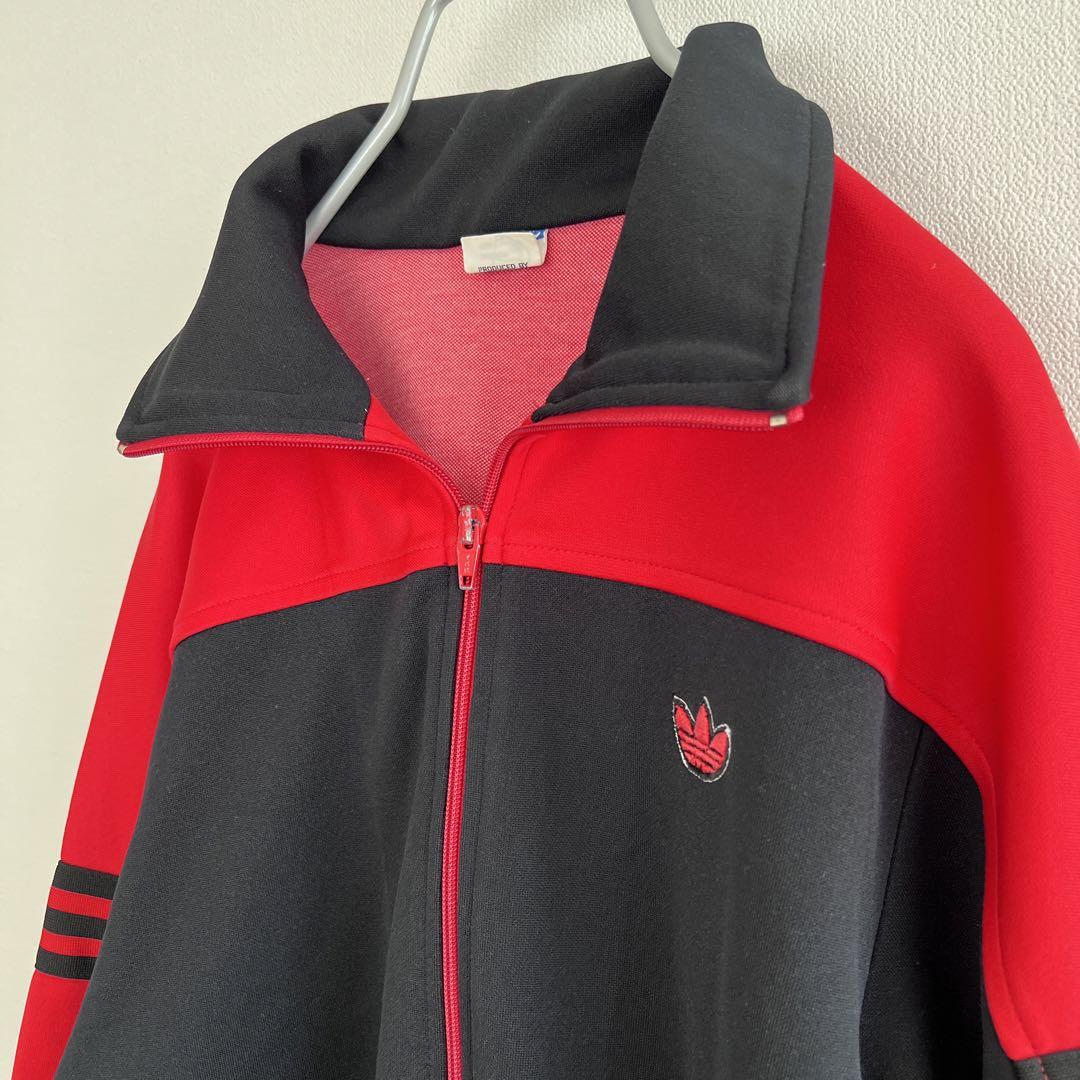 adidas アディダス デサント トラックジャケット ジャージ西ドイツ黒×赤 80s adidas トラックジャケット デサント製 西ドイツ 黒 赤