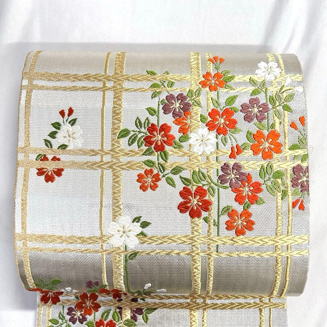 袋帯　唐織　格子　花模様　金糸　銀糸　着物　帯　033k