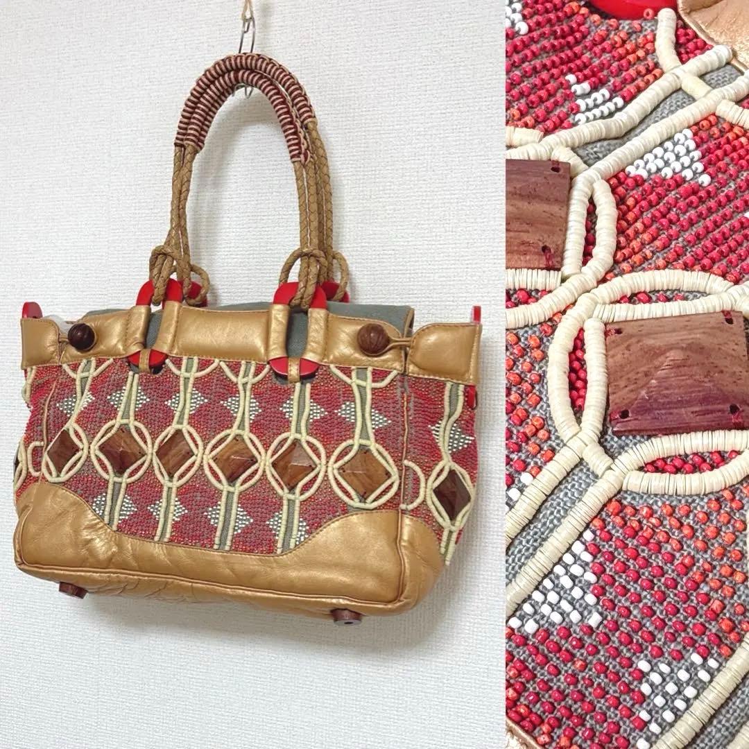 JAMIN PUECH ビーズ刺繍 エスニック 木製パーツレザー バッグ