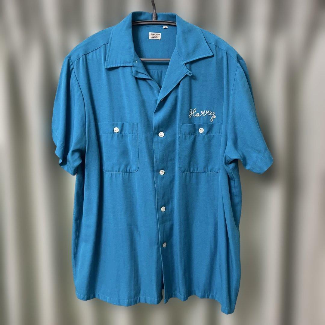 CORISCO 半袖 ボーリングシャツ M ターコイズ　ブルー　レーヨン　シャツ
