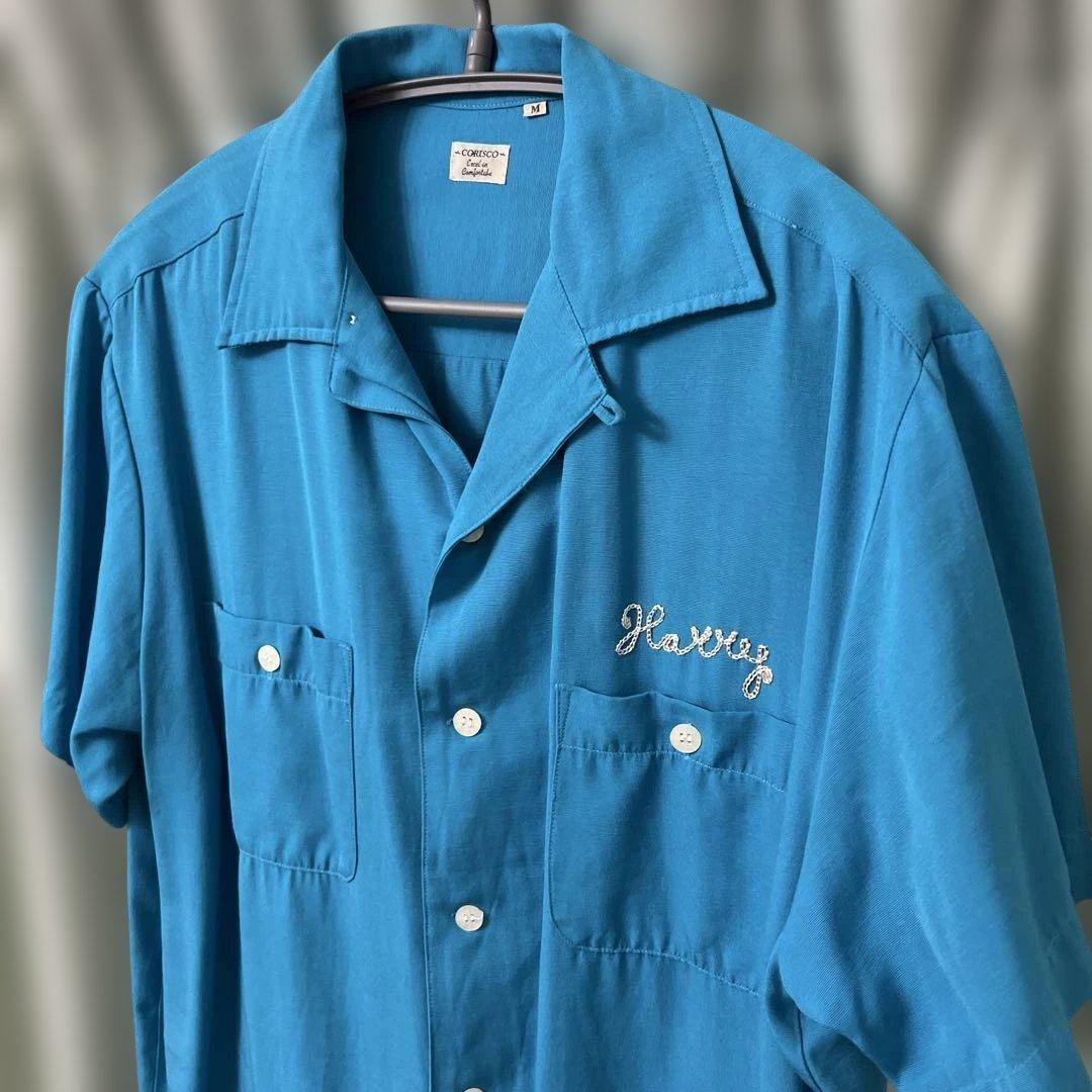CORISCO 半袖 ボーリングシャツ M ターコイズ　ブルー　レーヨン　シャツ