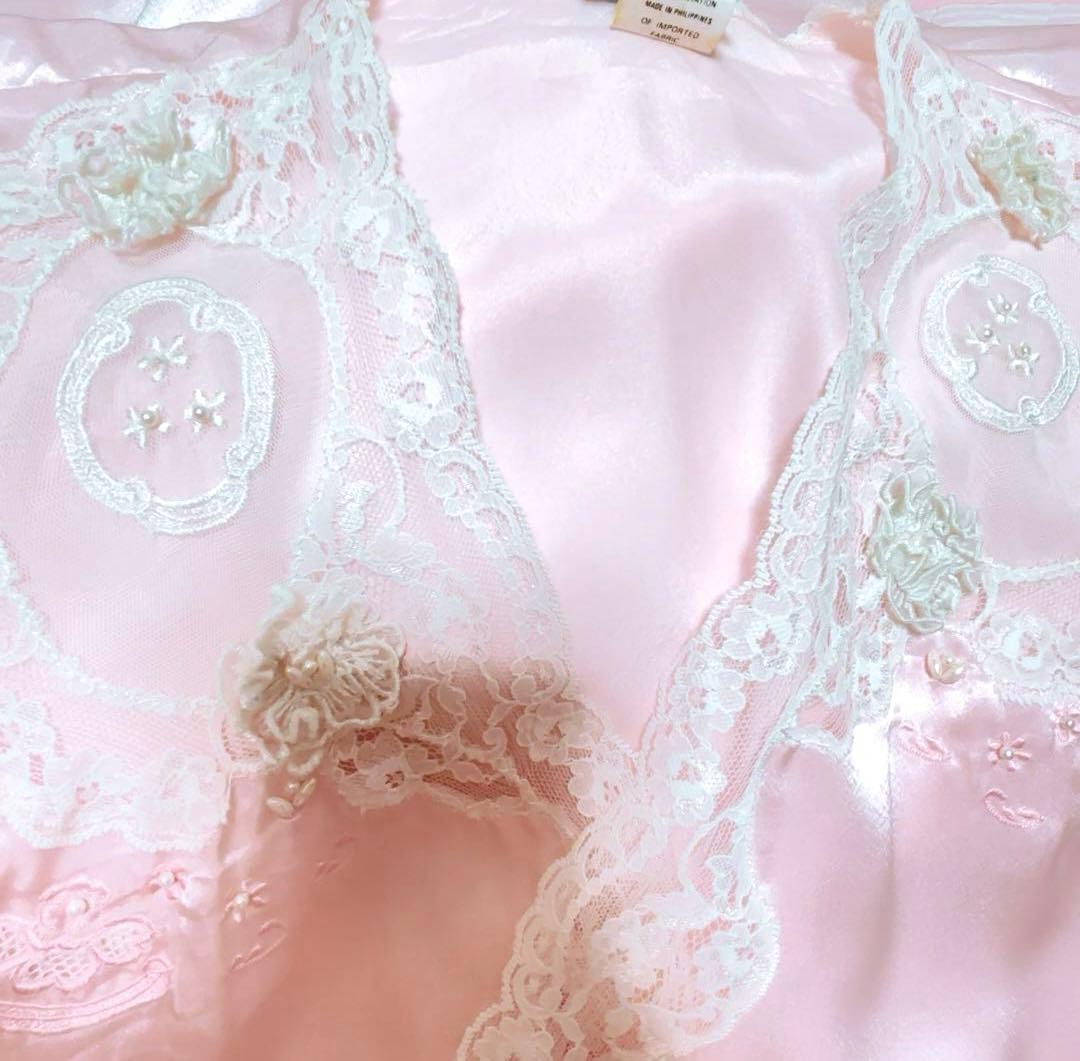 ヴィンテージ　サテンピンクロングガウン　ネグリジェ