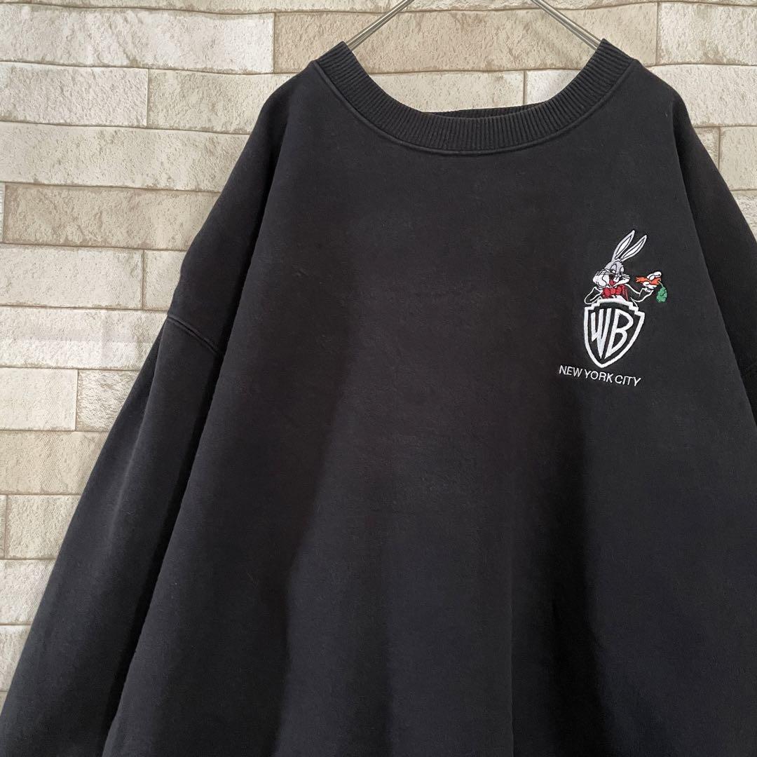 ワーナーブラザーズ 90s スウェット 刺繍 バックスバニー 裏起毛 黒 XL