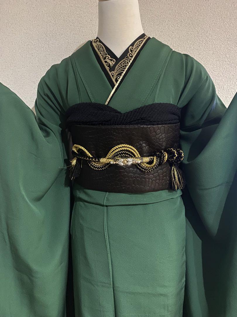 ラスト1  色無地振袖　グリーン　緑　黒クロココーデ　シンプル　振袖と袋帯セット