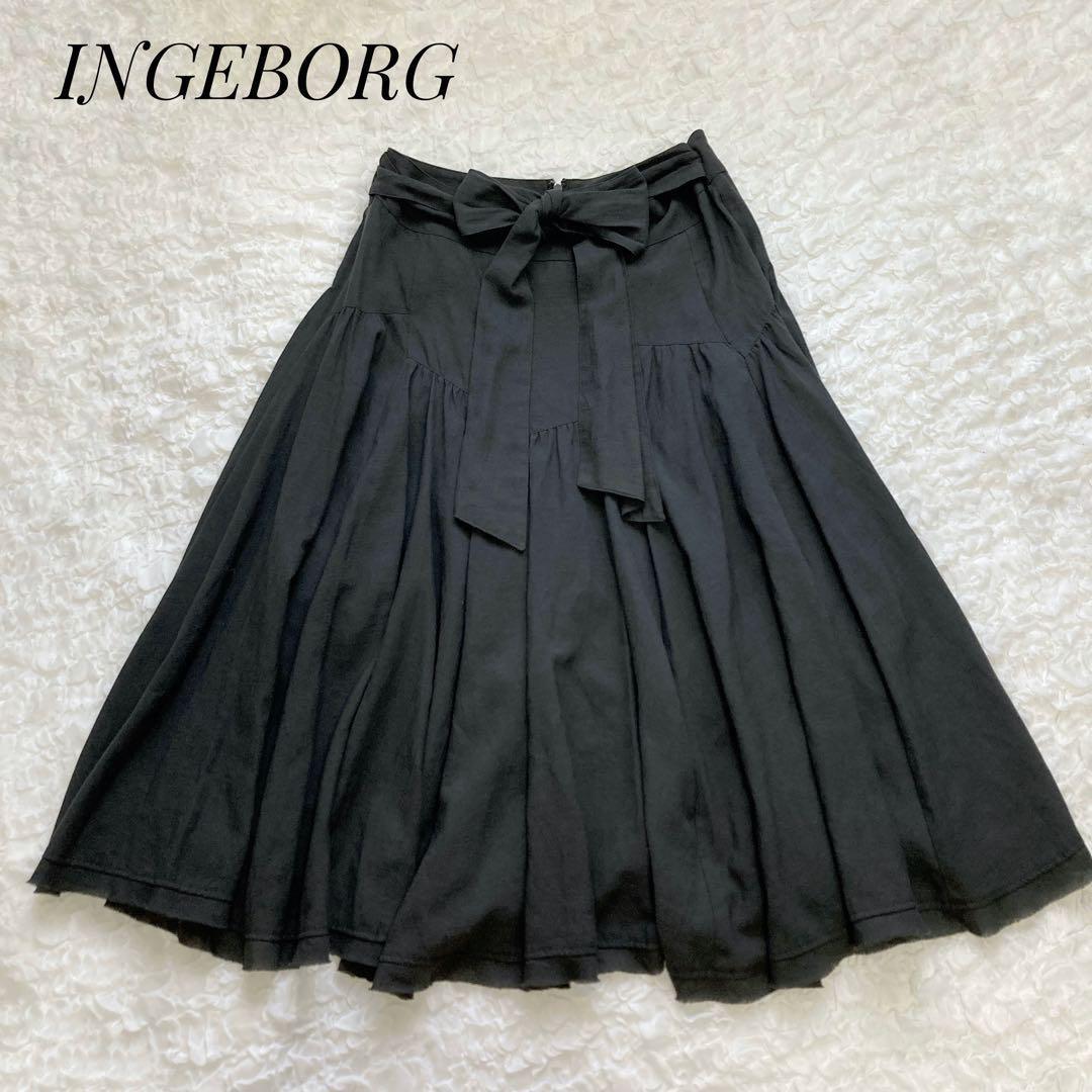 INGEBORG　リボン付　リネン混　スカート　ブラック　エレガント　日本製