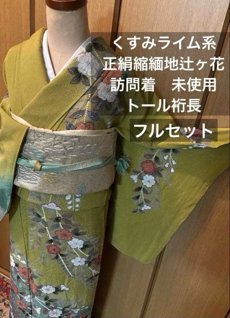 正絹辻ヶ花訪問着 叩き染め トール裄長 グリーン染め分け お着物単品目立った傷や汚れなし