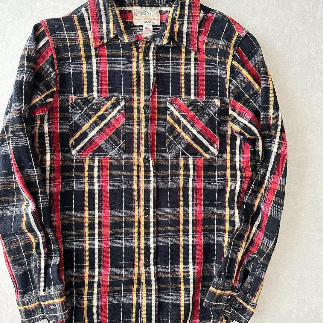 【Schott】ショット バックプリントチェック長袖シャツ M 古着 メンズ