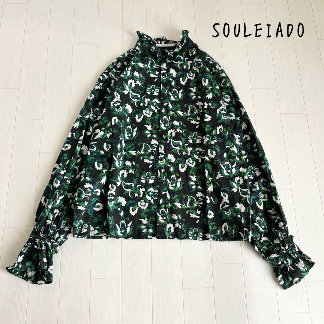 【美品】SOULEIADO コットンプリントローンフリルブラウス