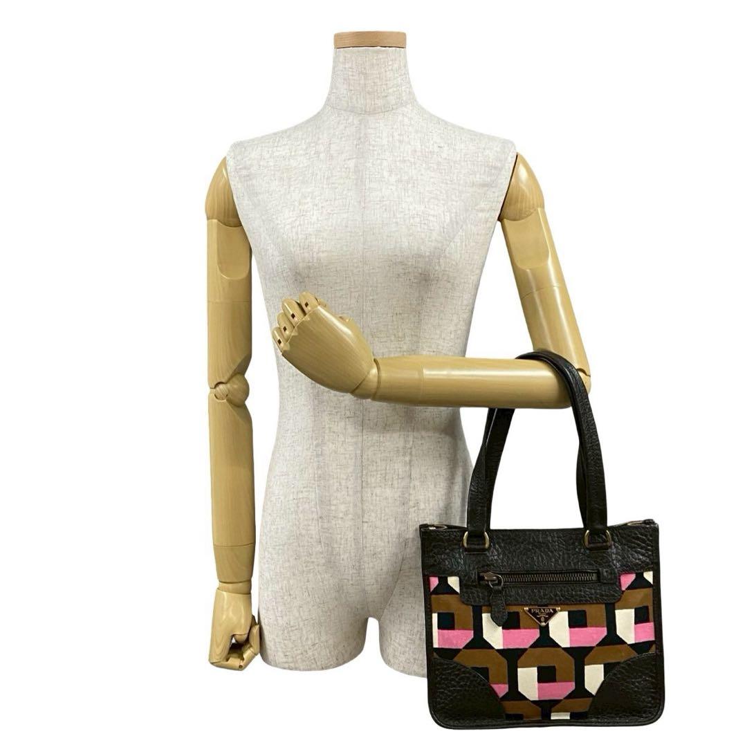 極 美品 プラダ 三角ロゴ レザー キャンバス ハンドバッグ マルチカラー