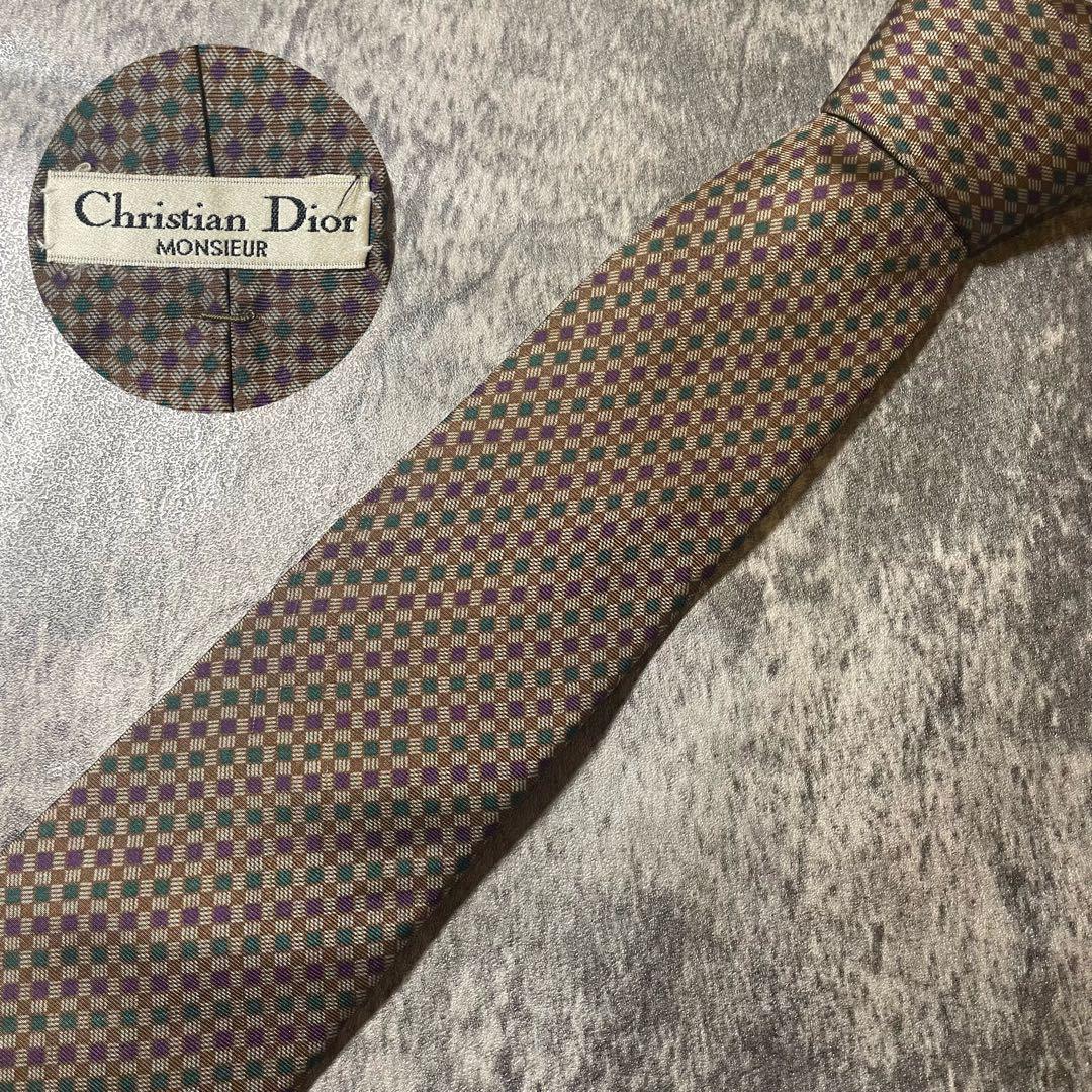 AN135 Christian Dior ブラウン パープル チェック柄 シルク