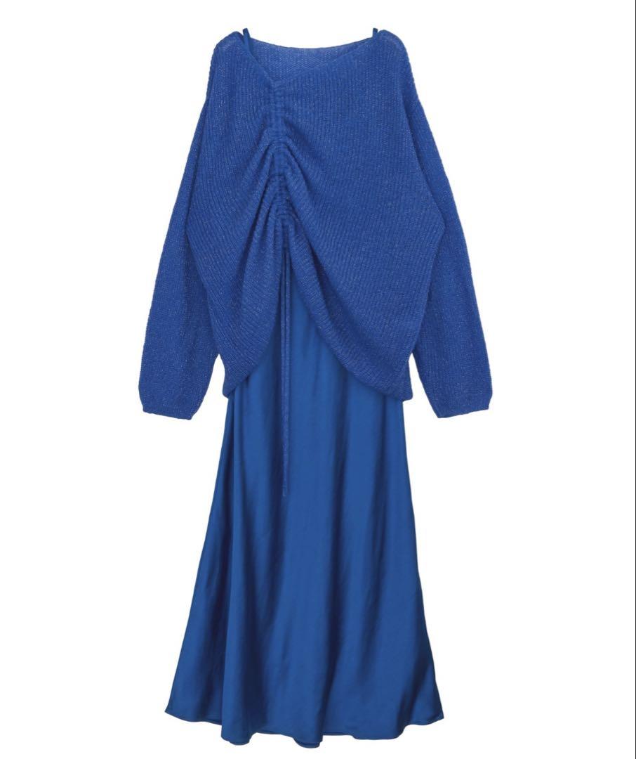 【Ameri】KNIT LAYERED CAMI DRESS ブルー S