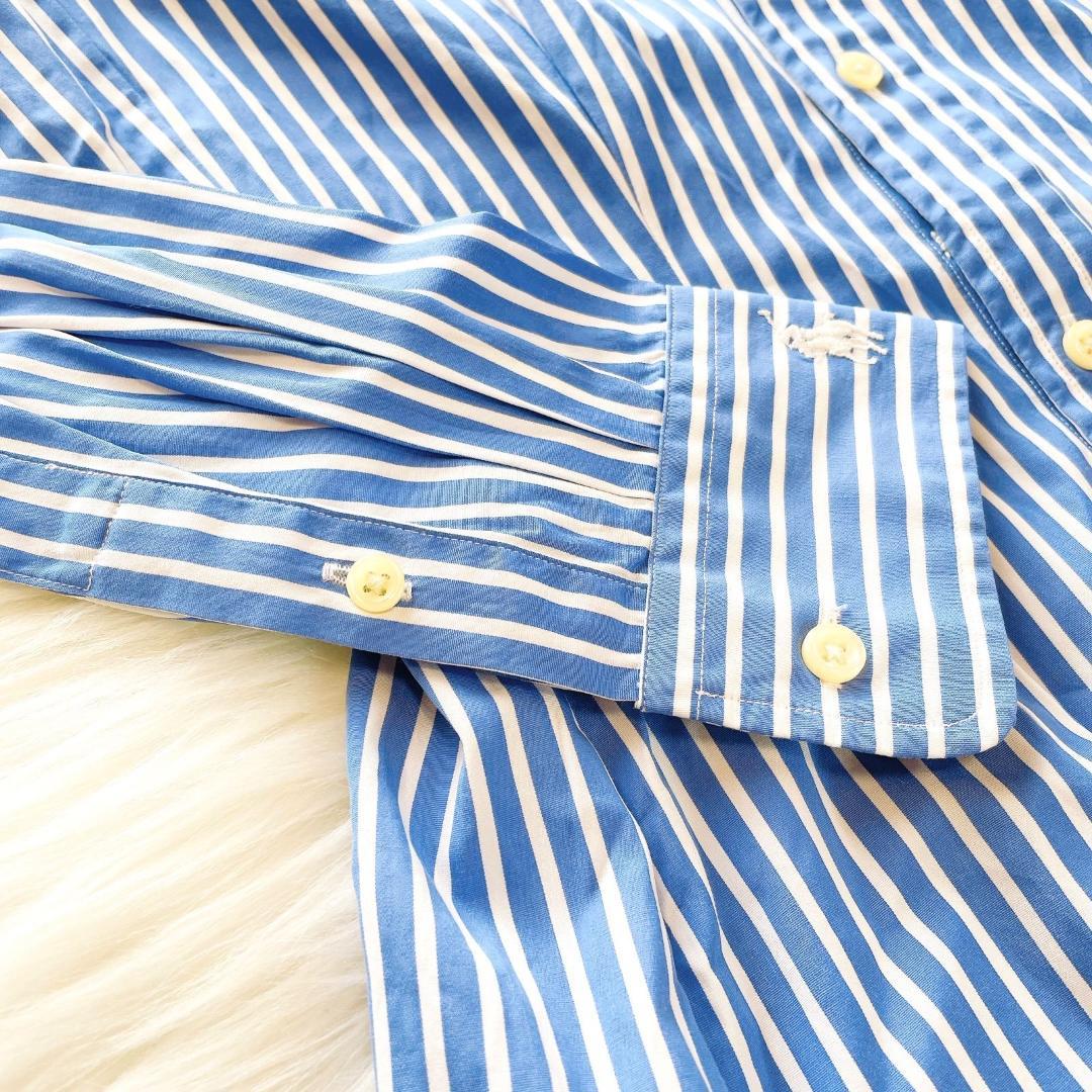 ロングシャツワンピースブルーストライプ刺繍PRL