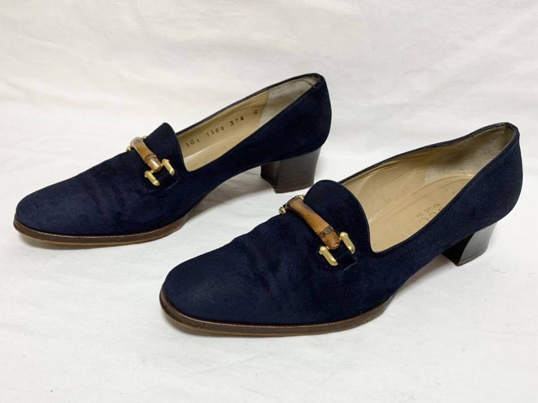 希少 美品 グッチ バンブー スエードローファー パンプス ヒール 37 1/2