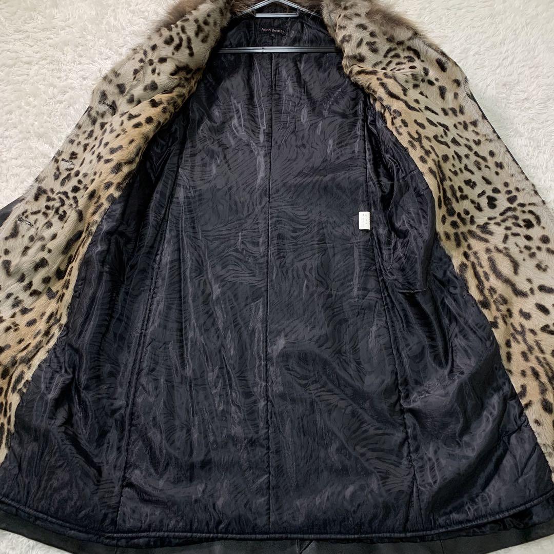 美品・L相当 ラムレザー トレンチコート ライナー付　黒　ブラック　ヒョウ柄