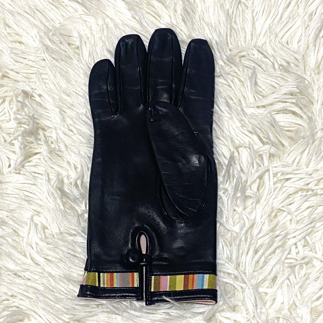美品✨Paul smith 手袋 レザー ロゴ グローブ 黒 マルチ ストライプ