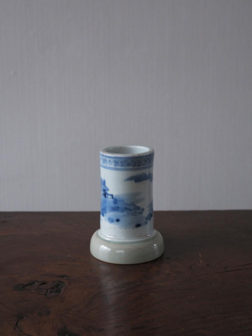 古伊万里　筆立　筆筒　染付　明治　山水文様　古道具　時代物　Q1382