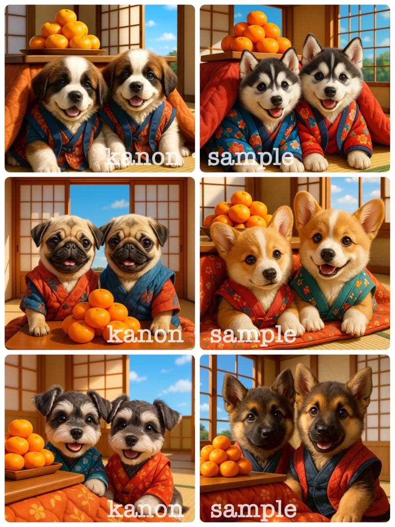 P285 パネル生地　シュナウザー　コーギー　ハスキー18×18 6枚1セット