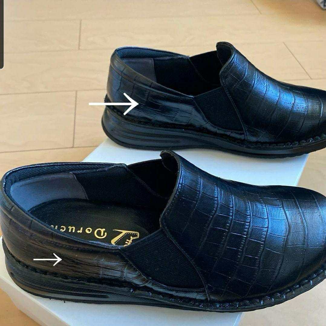 大人女性の Doruche 黒 24cm クロコ牛革両サイドゴアスリッポン ドルチェ 靴